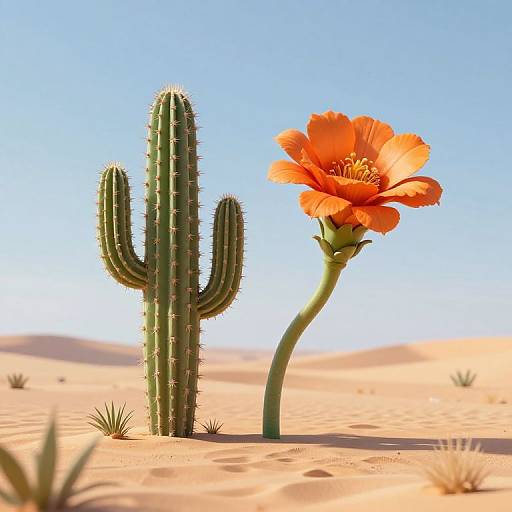 Photograph of a tall, green cactus with spines and an orange flower on a slender stem in a bright, sunny desert with clear blue sky
