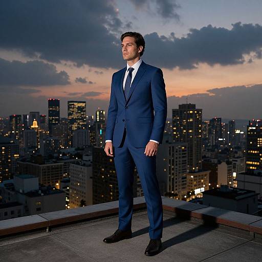 Photograph of a handsome man in a dark blue suit standing on a rooftop at dusk, gazing at a city skyline with illuminated buildings under a cloudy