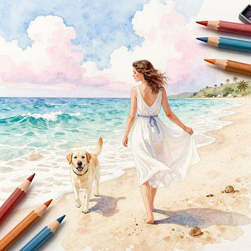 Digital watercolor painting of a woman in a white dress walking on a beach with a golden retriever, surrounded by colored pencils.