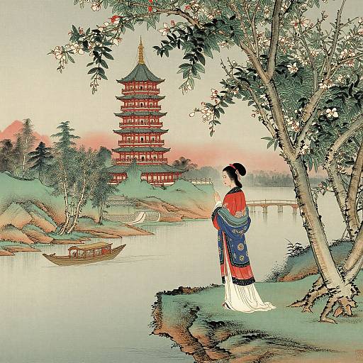 Traditional Japanese painting of a woman in red kimono and blue obi standing by a river, gazing at a red pagoda under a sunset sky