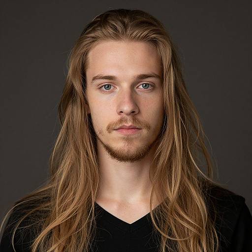 Photograph of a fair-skinned, blue-eyed young man with long, straight brown hair, light beard, and a black V-neck shirt, against