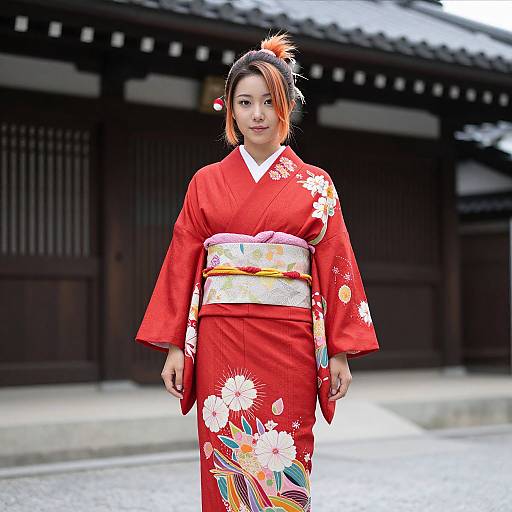 Photograph of an Asian woman in a vibrant red floral kimono with orange hairpin, standing in front of traditional Japanese wooden building.