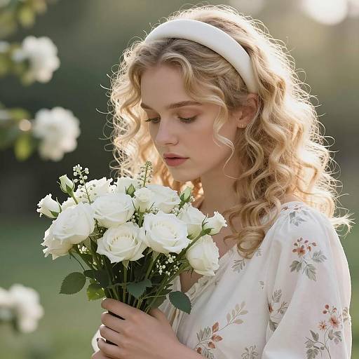 Pensive Blonde Woman with Bouquet