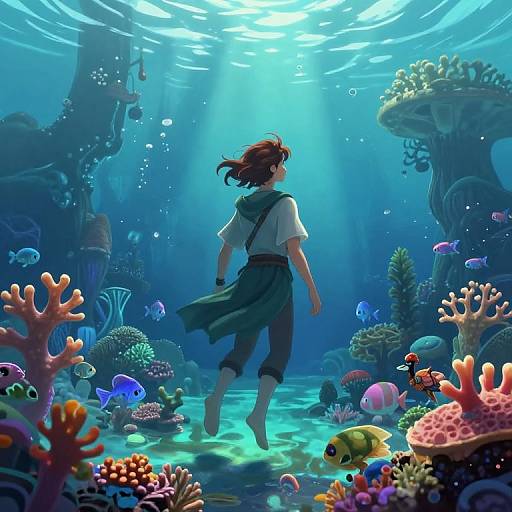 Digital art: Brown-haired boy in sailor outfit swims barefoot through vibrant, colorful underwater coral reef, surrounded by various fish, with sunlight beams illuminating