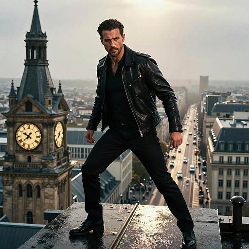 Photograph of a rugged, dark-haired man in a black leather jacket, standing confidently on a wet rooftop, with an old clock tower and cityscape