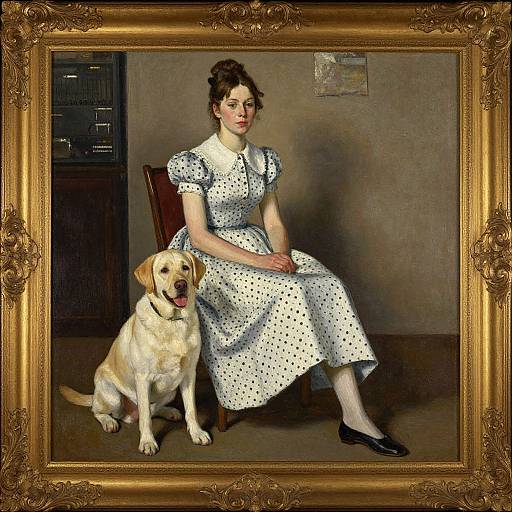 Photorealistic painting of a woman in a white polka dot dress, seated with a yellow Labrador, in an ornate golden frame.