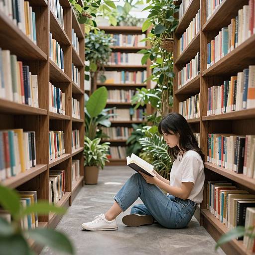 Photograph of a young woman with long black hair, white t-shirt, and blue jeans, sitting between wooden bookshelves, reading a book in