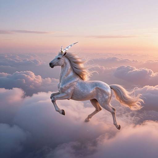 Digital artwork of a majestic, silver unicorn with a glowing horn, galloping through a pink and purple sky filled with fluffy clouds at sunset.