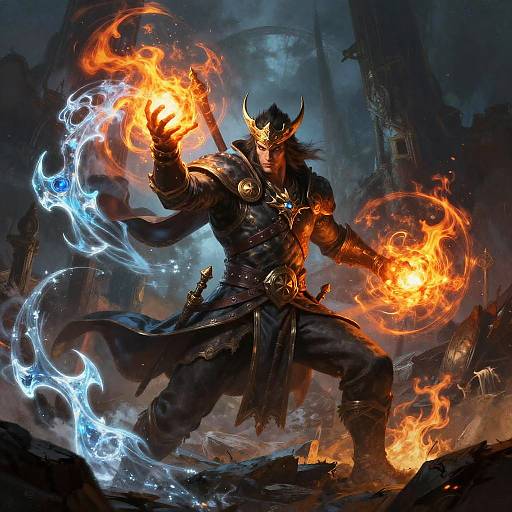 Fantasy digital painting of a muscular, horned warrior casting fire and water magic, wearing dark armor, standing amidst flames and ruins.