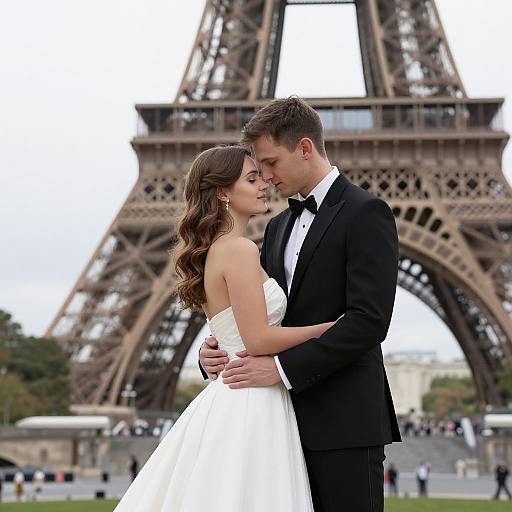 Photograph of a bride in a white strapless gown and groom in a black tuxedo, gazing at each other in front of the E