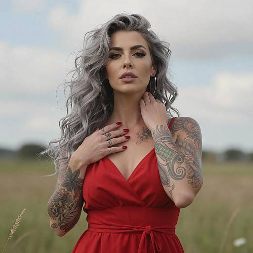 Photograph of a tattooed woman with long, wavy gray hair, wearing a red, sleeveless dress, standing in a grassy field.