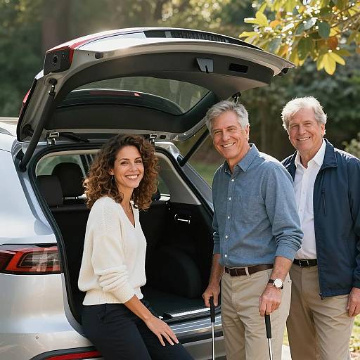 Cheerful Trio Loading a Car Trunk
