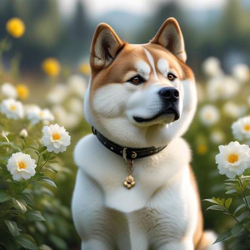 Realistic Akita Dog in Flower Background