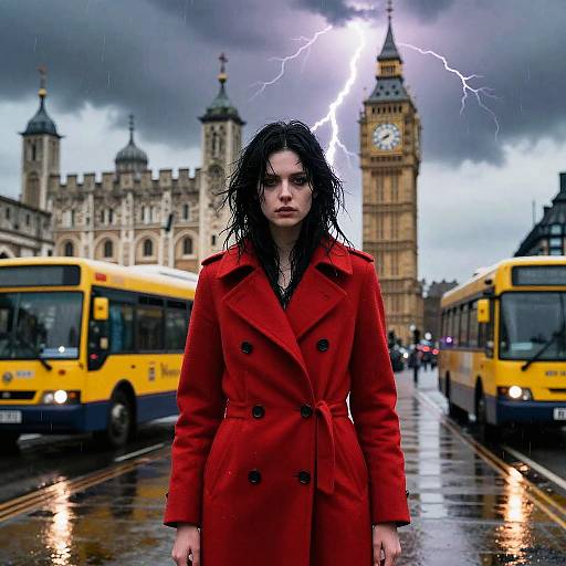 Photograph-style digital art: pale woman with wet black hair, red coat, intense expression, lightning bolt above, yellow buses, and Big Ben in