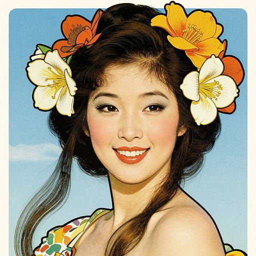 Digital illustration of a smiling Asian woman with black hair, adorned with vibrant orange and white flowers, wearing a colorful floral dress, against a clear blue sky