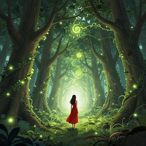 Digital artwork of a girl in a red dress standing in a glowing, enchanted forest with glowing fireflies and swirling green lights.