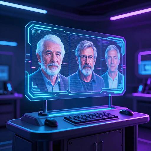Photograph of a futuristic digital display showing three older men with white hair and beards, illuminated in blue neon light, in a high-tech, dim