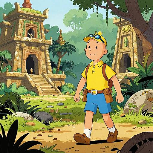 Cartoon boy explorer in yellow shirt, blue shorts, brown boots, and backpack, walking through a lush jungle with ancient stone ruins.