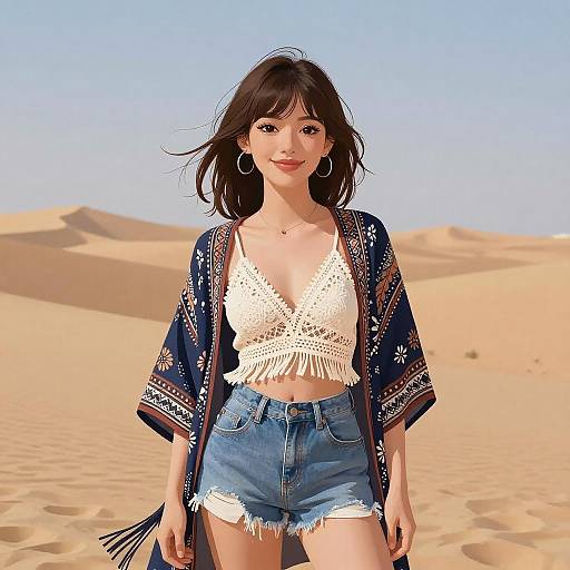 Digital artwork of a young woman with medium skin tone, brown hair, wearing a white crochet top, blue denim shorts, and a navy embroidered shawl