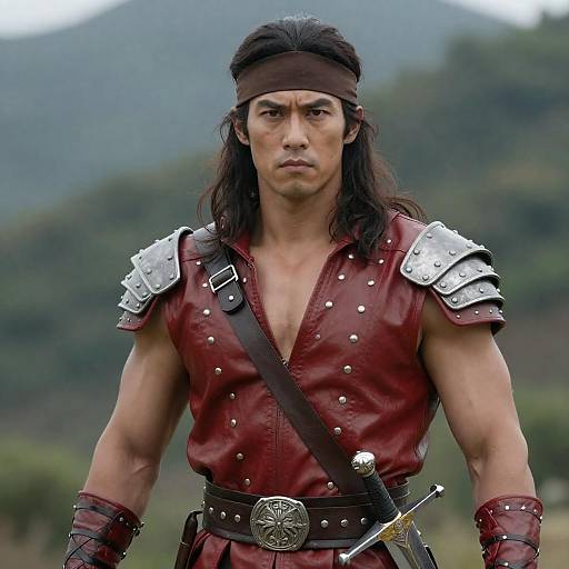 Stoic Warrior in Red Leather Tunic