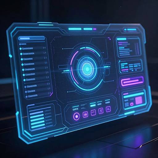 Glowing neon-blue and purple digital interface panel with central circular LED, various icons, and text, set against a dark background. Photorealistic