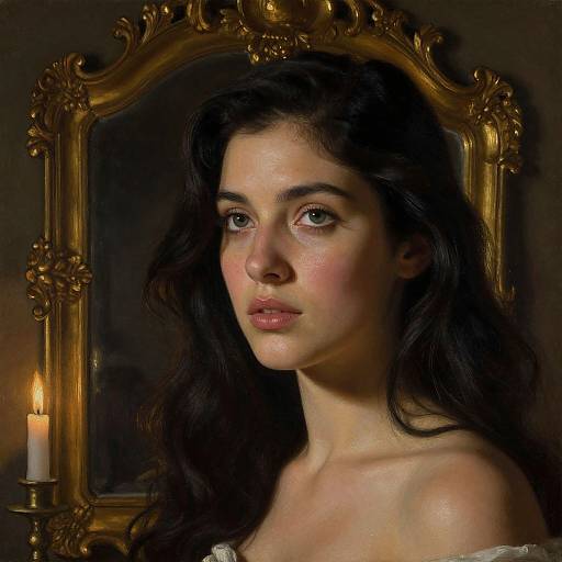 Digital painting of a young woman with long, dark wavy hair, fair skin, and pink blush, gazing softly; candlelit, ornate