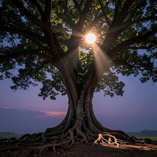 Photograph of a large, ancient tree with thick, twisting roots, sunbeam shining through its leaves, casting dramatic shadows, twilight sky in background.
