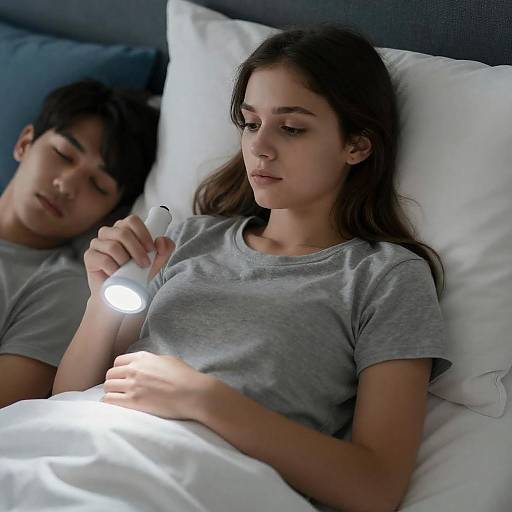 Young Woman Holding Flashlight in Bed