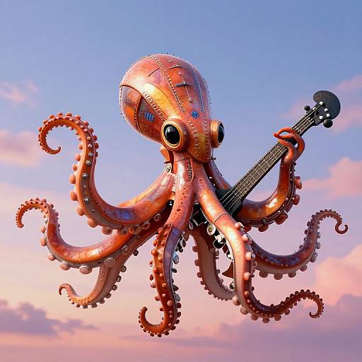 Digital illustration of a metallic orange octopus playing an electric guitar against a pink and blue sunset sky.