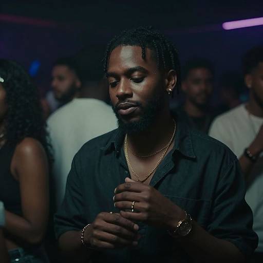 Photograph of a dark-skinned man with a beard, short braids, wearing a black shirt and gold chain, praying in a dimly lit