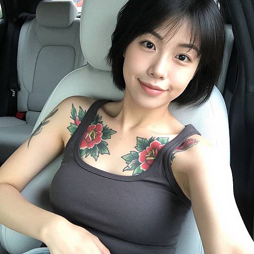 Smiling Asian Woman with Floral Tattoo