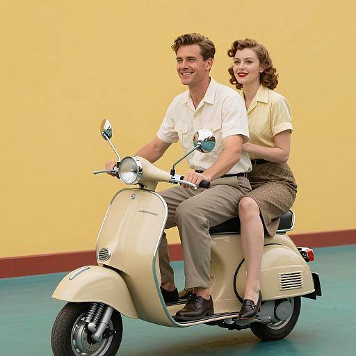 Vintage Couple Riding Beige Scooter