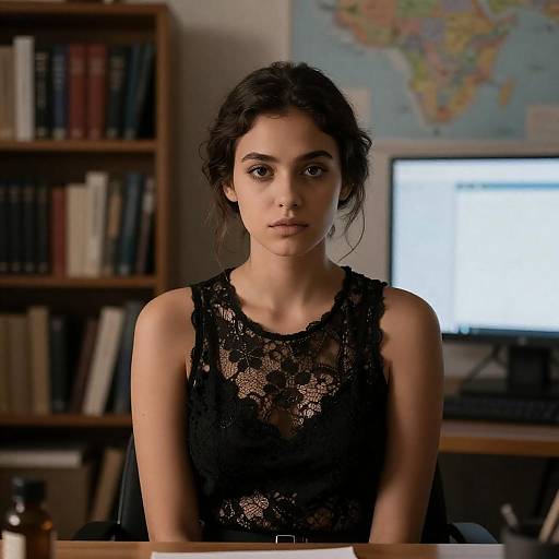 Young Woman in Black Lace Top at Desk