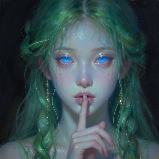 Digital painting of a fair-skinned, blue-eyed, green-haired woman with braided hair, glowing ethereal eyes, and delicate finger to lips,
