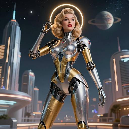 Retro-Futuristic Female Robot with Halo in Sci-Fi City
