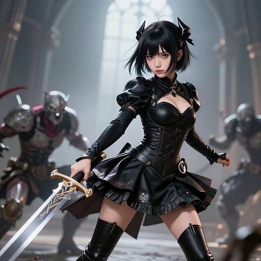 Digital artwork of an anime-style, black-haired woman in a gothic, black corset dress with a sword, standing confidently in a dimly lit