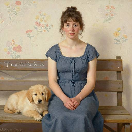 Photograph of a fair-skinned woman with brown hair in a bun, wearing a blue dress, sitting on a wooden bench with a golden puppy beside