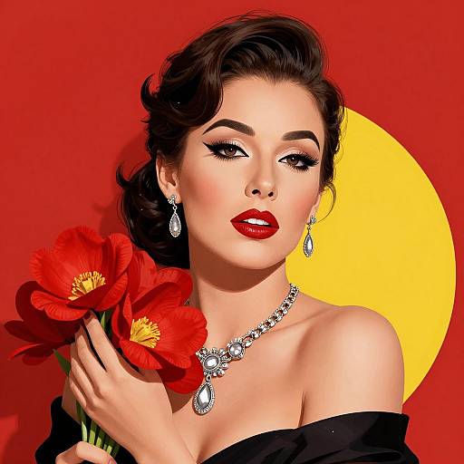 Digital art of a glamorous woman with dark hair, red lipstick, holding red flowers, wearing elegant jewelry against a red and yellow background.