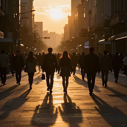 Photograph of a city street at sunset, silhouetted pedestrians walking away from the camera, long shadows, warm golden light, urban buildings in