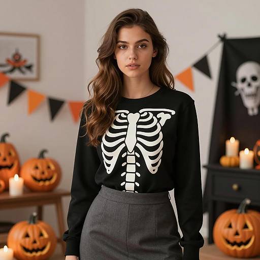 Woman in Skeleton Shirt Halloween Outfit