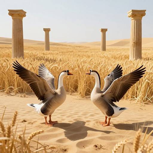 Photograph of two geese with wings spread facing each other in a sunlit golden wheat field, with classical columns in the background.