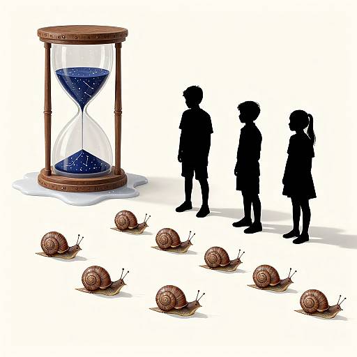 Silhouetted children stand beside a large hourglass with blue sand, surrounded by small brown snails on a white background.