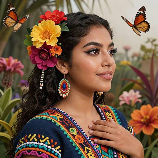 Photograph of a beautiful Latina woman with dark hair adorned with colorful flowers, wearing intricate embroidered dress, large earrings, two butterflies, and surrounded by vibrant