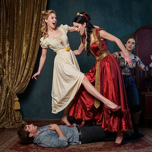 Photograph of three women in vintage dresses, one in cream and two in red, playfully kicking a laughing man on the floor in a richly