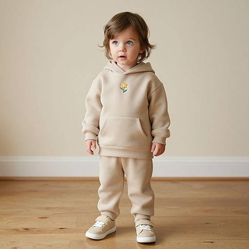 Toddler in Beige Hoodie and Sneakers