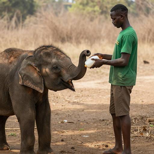 Feeding a Young Elephant Outdoors