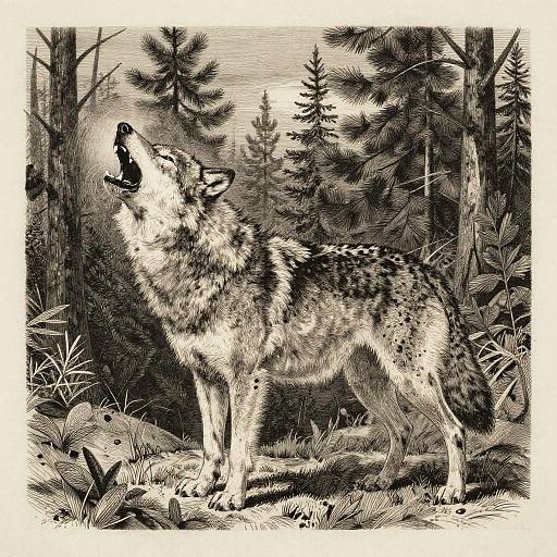 Monochrome Etching of Howling Grey Wolf in Pine Forest