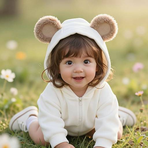 Joyful Child in Bear Hoodie Outdoors
