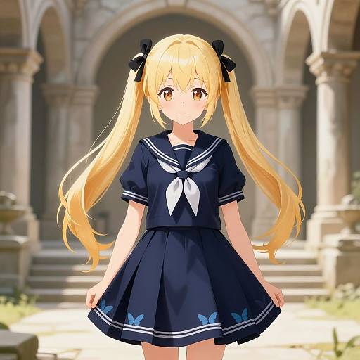 Anime Girl in Sailor Dress Among Ruins