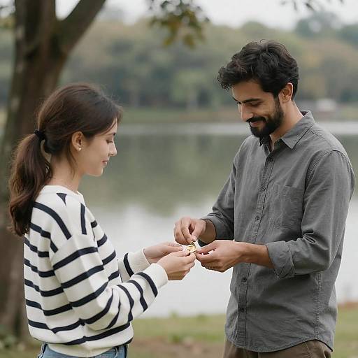 Couple Exchanging Small Object by Lake